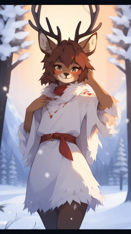 ((by reysi)), Best quality, Super detailed illustration, (fluffy deer boy:1.4) , feminine face and body, disheveled thick hair, warm clothes of the northern peoples, warm colors, decorations on clothes, smug smile, against the backdrop of a winter forest a...