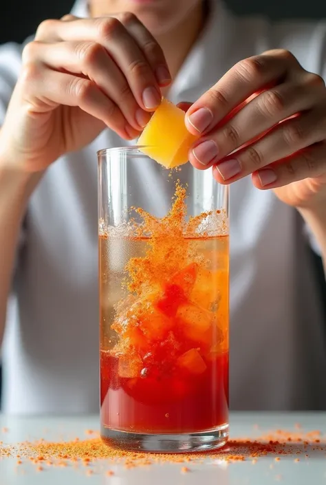 person decorating the walls of a glass with hot sauce and tajin and adding a frozen pineapple juice 
