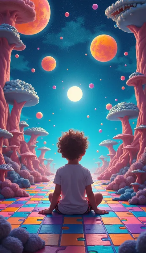 a  child sitting on a puzzle. Whimsical, surreal, and dreamlike scenery, psychedelic colors, mind-bending patterns, distorted perspectives, fantastical creatures, kaleidoscopic visuals, visual storytelling, alternative reality::0.8 floating objects, neon l...