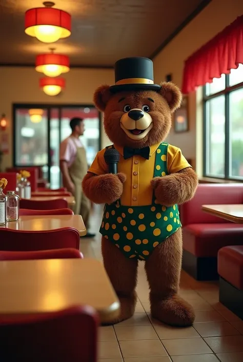 A cleaner from a pizzeria in the 80s cleaning the place, organizing the tables and chairs because the place is already getting crowded while an animatronic of a brown bear stands on the stage holding his microphone wearing a black top hat, a black bow tie,...