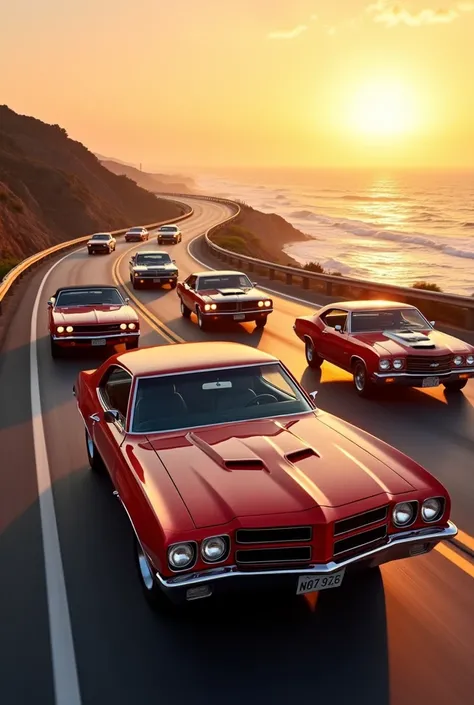 Along a coastal highway at dusk, some friends are driving in their cars, seven cars are passing by. (The seven cars appear in the photo):
pontiac gto 1967| camaro ss 1969 | charger r/t 1968 | mustang boss 1969 | cevelle ss 1970 | hemi cuda 1970 | ford impa...