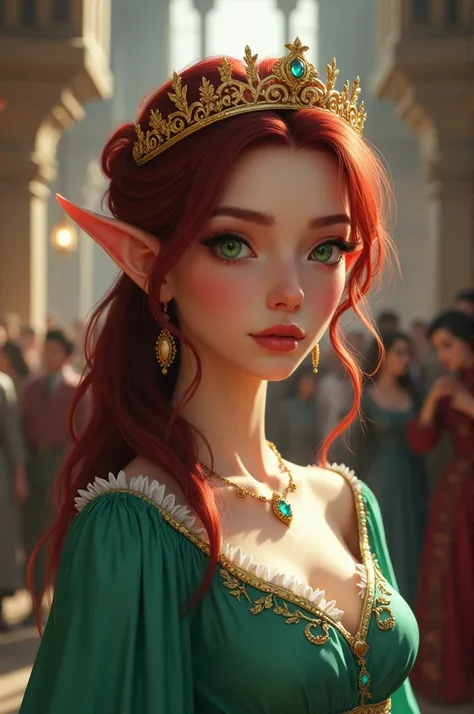 Young woman with wine hair, green eyes, pointy ears, with aqua green dress, with golden crown, in a medieval castle full of people