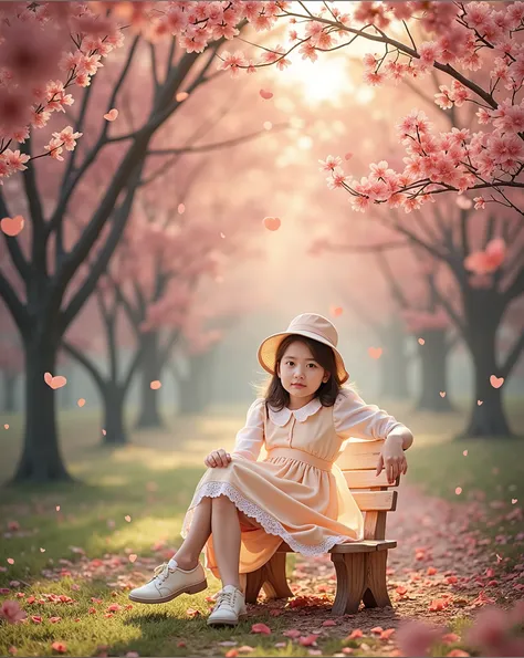 arafed woman sitting on a bench in a park with a hat on, in pink forest, inspired by Lilia Alvarado, by Lilia Alvarado, under sakura tree, whimsical portrait, cherry blossom forest, girl in flowers, sakura petals around her, beautiful portrait photo, sitti...