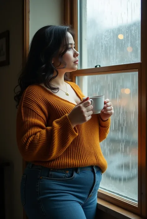 Realistic girl drinking tea, standing while looking out the window while it is raining outside. With jeans and an ochre-coloured jumper, big breasts.