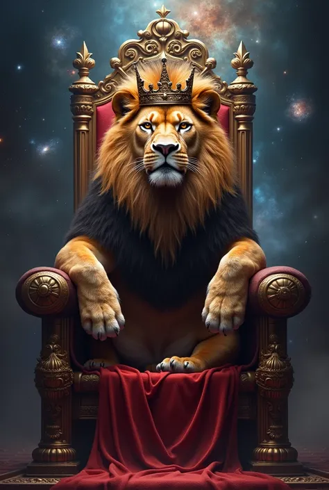 A lion on a king&#39;s throne with a crown on its head, with a powerful aspect, and with the galaxy background