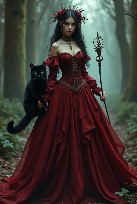 A beautiful and seductive girl and a witch in an old, dark red royal dress and black and seductive eyes, holding a long magic wand in her hand, in a dreamy, beautiful and slightly scary place, accompanied by a black cat with green eyes. 