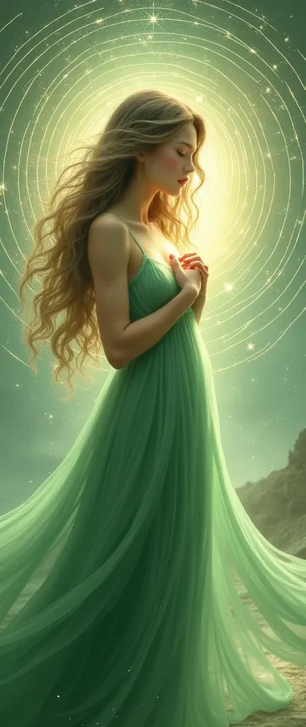 Beautiful girl with long wavy hair, green dress, has his hands on his heart, spiral around comes out of her heart envelops her, Equidistant circles emerge from his green heart



 