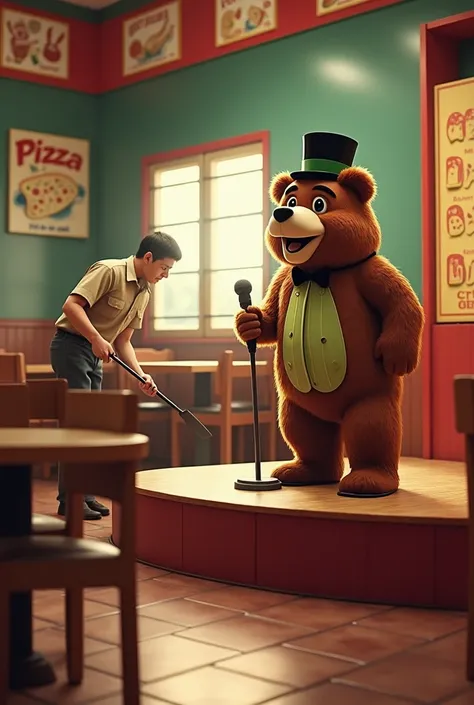 A janitor from a pizzeria in the 80s cleaning the place, organizing the tables and chairs because the place is already getting crowded while an animatronic of a brown bear stands on the stage holding his microphone wearing a black top hat, a black bow tie,...