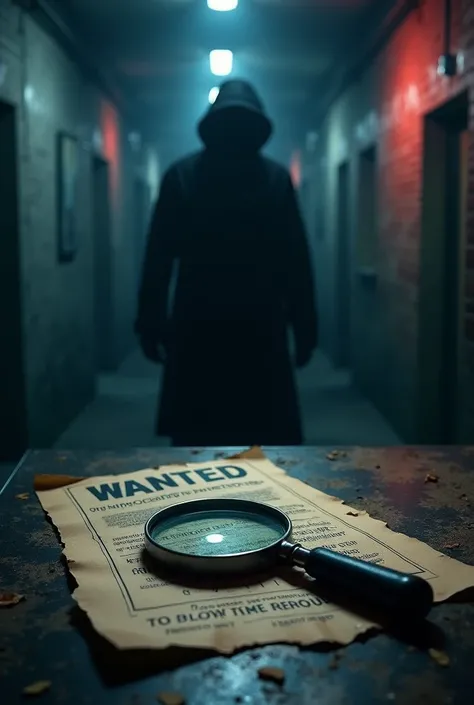 Make a crime and mystery book cover with a magnifying glass and a wanted poster 