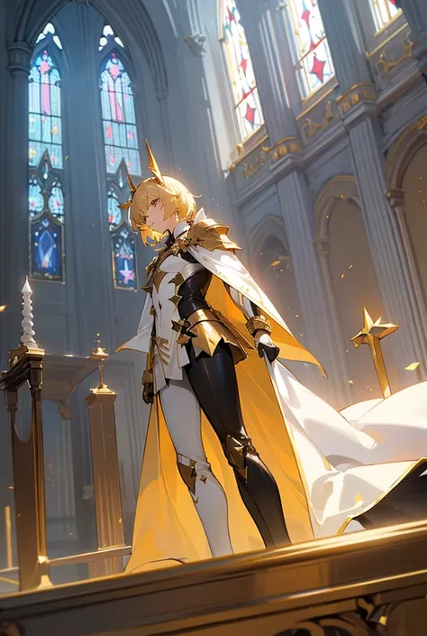 create a honkai star rail character, a man in golden armor, with a shiny blonde hair league with a gold square blade claymore and a white cape, who stands facing forward with the interior of a church bathed in light in the background.