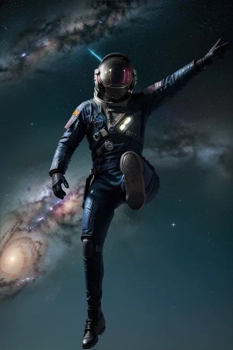 Create a 4K image of an astronaut in free fall through a vibrant galaxy, capturing the essence of a fallen angel. The astronaut should be positioned horizontally, reaching out as if descending from heaven, with fragments of a spaceship falling alongside hi...