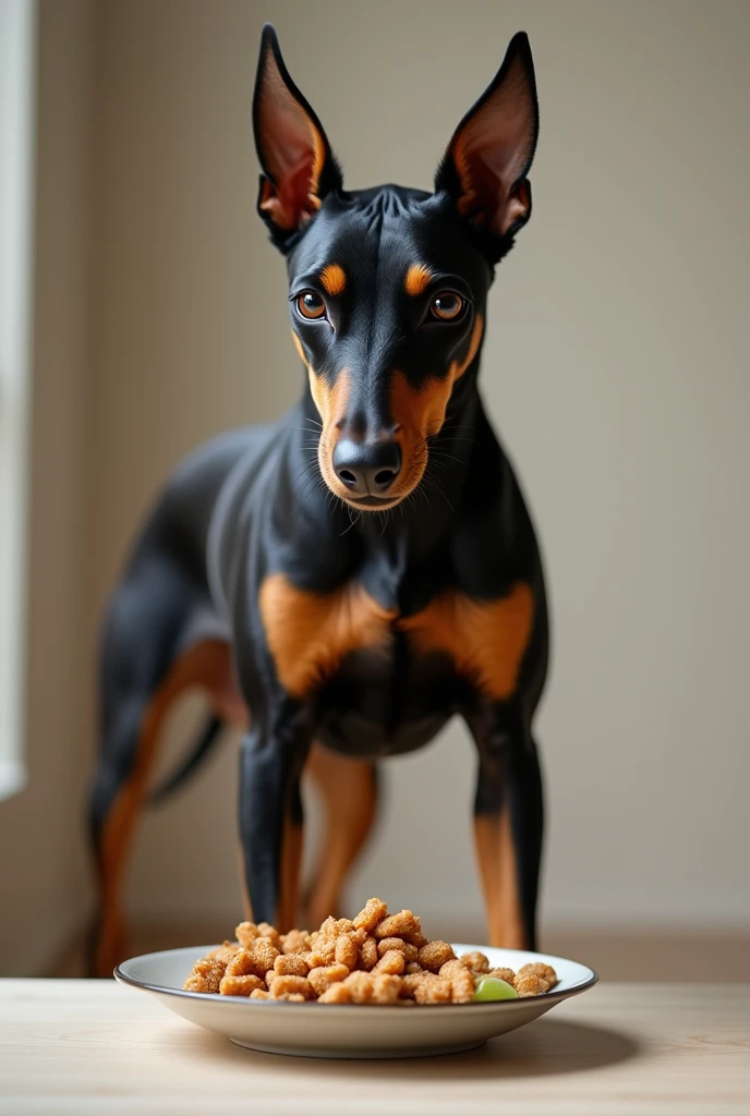 a pinscher standing eating a plate of food