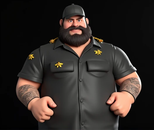 3D animation style, text at the top of the screen "My Favorite Councilman!", hairy strong man, with dark beard, wearing black cap, a black shirt with bees around it.