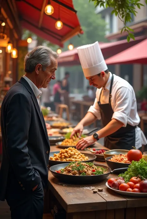 Man watching a chef working in a restaurant outside 