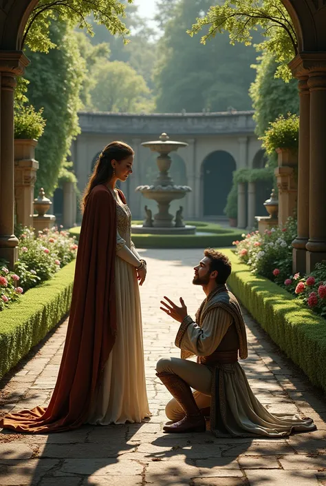 Woman turning her back on man because she doesn&#39;t want to talk to him, The man begs her in a garden, They dress like in medieval times
