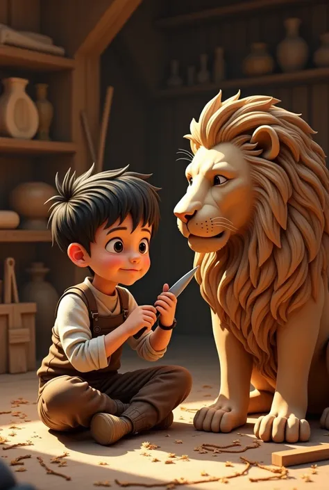 create an image of a boy carving a lion out of a piece of wood