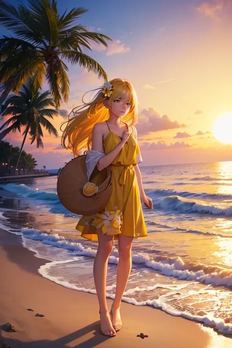 Best Quality, masterpiece, 4k, 8k, wallpaper, game cg, concept art, a couple, 1 girl, beautiful face, crying, yellow hair, big eyes, normal wearing, taking yellow flower, seashell, palm tree, break up, beachside, orange sunset, evening, front view, full bo...