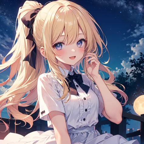 (Best Quality、8k、masterpiece))、((One girl))、((cute))、A big smile、Blushing、Mouth open、Blonde Hair、ponytail、Ultra detailed face、Ultra-detailed eyes、Ultra detailed hair、Short sleeve collared shirt、Purple bow tie、White Skirt、Beautiful night sky、Beautiful full ...