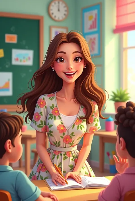 beautiful brown haired girl, flower dress, Happy teacher with her students in classroom #cartoon
