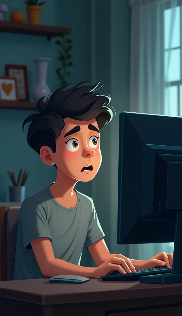 Create an image of a young man at home sitting using a computer, his look of astonishment at the text that highlights on the computer "no data"