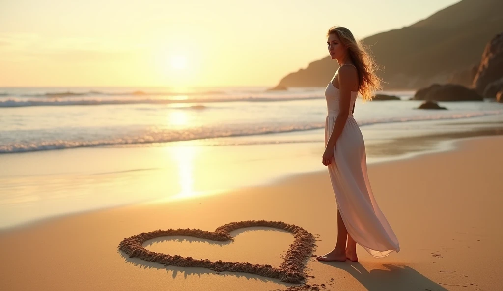 Beautiful woman drawing a heart in the sand,
realistic and cinematic image, 4k