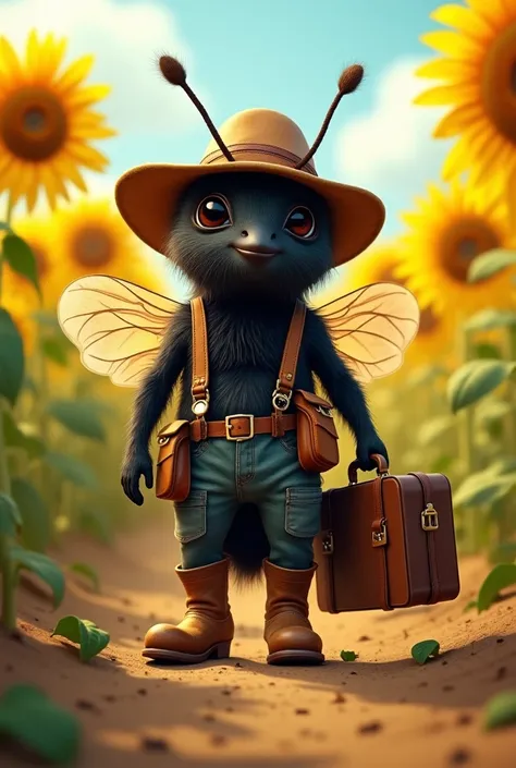 Black bee with field suitcase, country boots with hat in a field of sunflowers