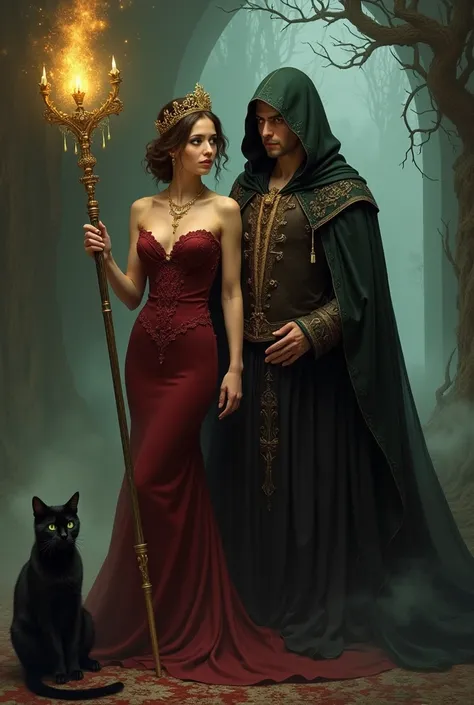 A beautiful and seductive girl and a witch with an old royal dress and a crown, her dress is dark red and has black and seductive eyes, standing in her hand is a long, beautiful, golden magic wand in a dreamy, beautiful and slightly scary place, with a bla...