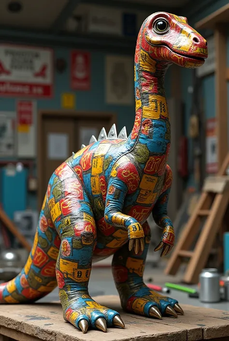 create a photo of a making a dinosaur sauro from recycling cans