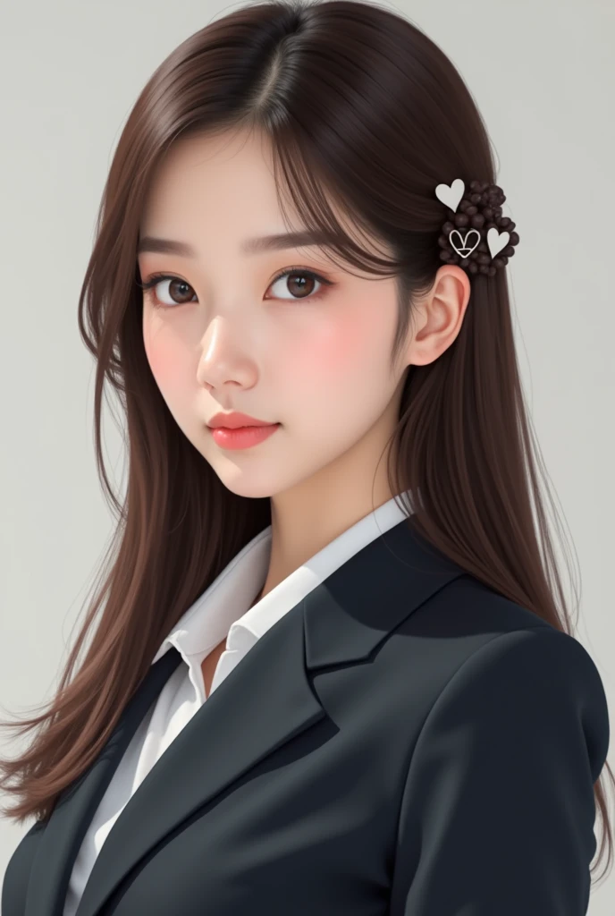 a realistic korean woman with neat long brown hair, in suit, heart clip in the hair, looking straight, face close up