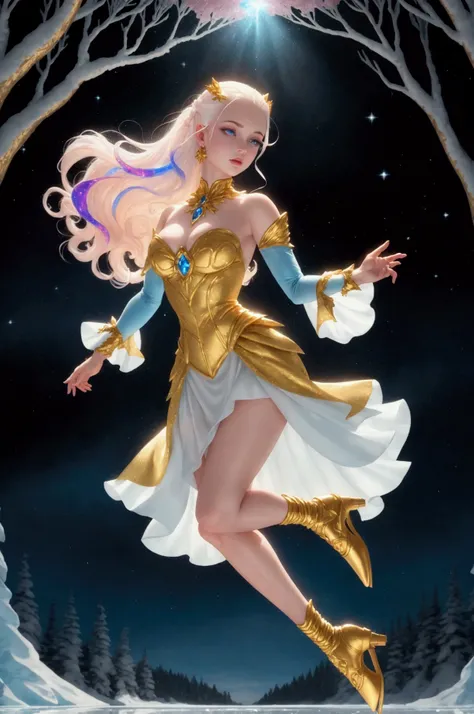 A version of DC Сomics Golden Glider character dressed in French 17th century baroque inspired figure skating dress, richly decorated with glittering multicolored gems, a massive shining jewel on the hairline in the middle of the forehead, levitating in th...