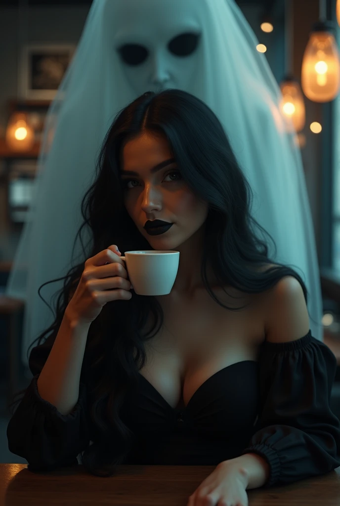 ((Instagram model,)) (lange schwarze haare), big boobs, big lips, in a hounting coffee, ghost behind her, dark , drinking coffee, beautiful, ghost fyling, emo, dark lips 