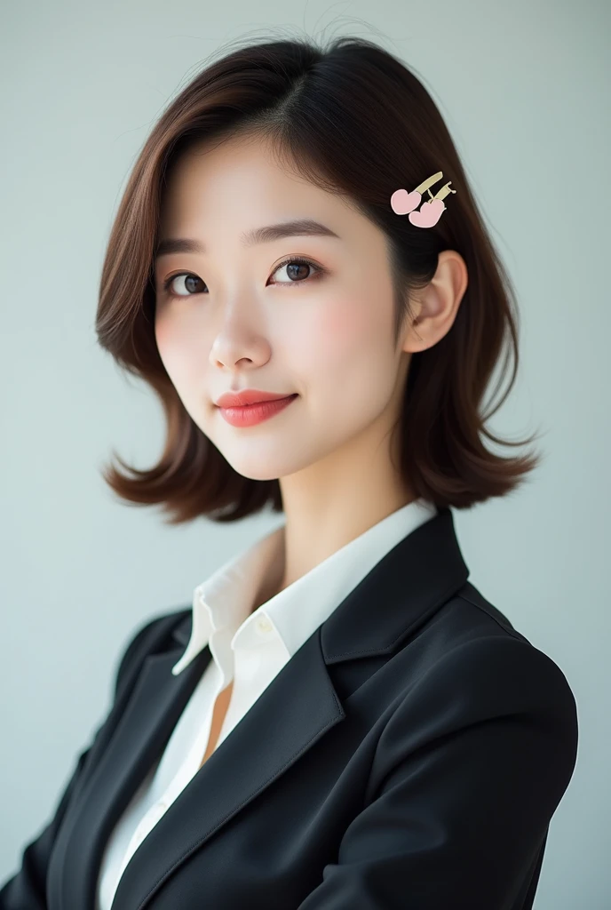 a realistic korean woman with neat short brown hair, in suit, heart clip in the hair, looking straight, face close up