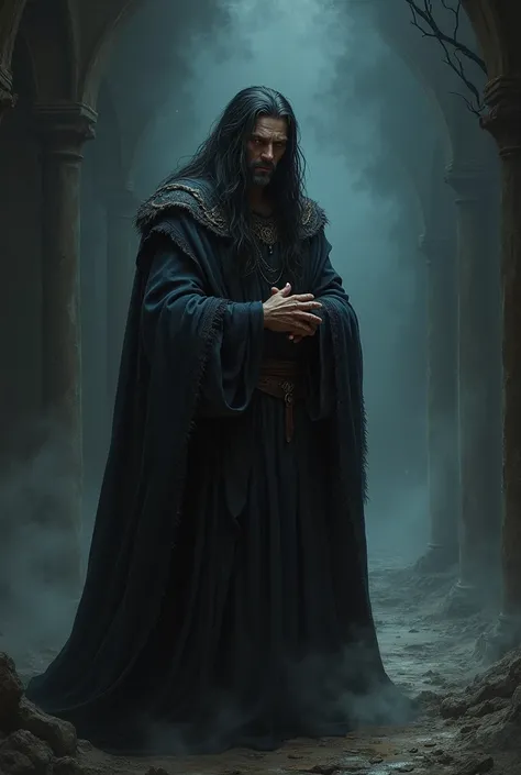 Half-elf wizard in his 40s, with long dark hair and a face full of resentment, in dark fantasy aesthetics, recovering from the last spell performed