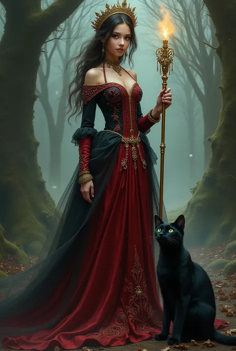 A beautiful and charming girl and a witch in an old royal dress and with a crown, her dress is dark red, and she has black and seductive eyes, standing in her hand is a long, beautiful, golden magic wand in a dreamy, beautiful, slightly scary place, along ...