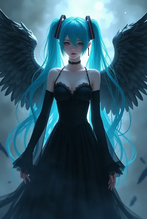 Hatsune miku, wings, black dress, glowing hair, 