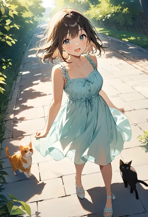 ((Best Quality))、((masterpiece))、(detailed)、8k、Morning walk in the park
「Calm morning landscape。A young woman is walking in a sunny park。She is wearing a light summer dress、I have a coffee cup。A small cat is walking next to her.。The woman has a relaxed and...