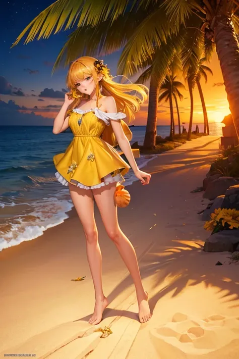 Best Quality, masterpiece, 4k, 8k, wallpaper, game cg, concept art, a couple, 1 girl, beautiful face, crying, yellow hair, big eyes, normal wearing,  yellow flower, seashell, palm tree, break up, beachside, orange sunset, night light, front view, full body...