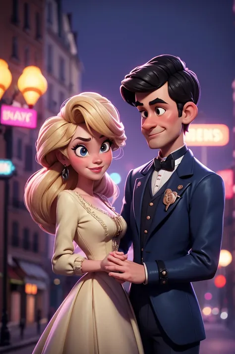 3D caricature of a couple in Paris, in fashionable clothes of the 19th century, night, Pixar Disney cartoon, rich and bright, blurred background, slight haze