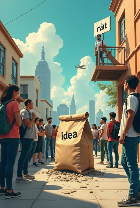 people impressed looking at a very small BAG written "Ideia" breaking sidewalk below, with a man on top of a building, next to a catapult and above the man written small the word "marketer" in comic form