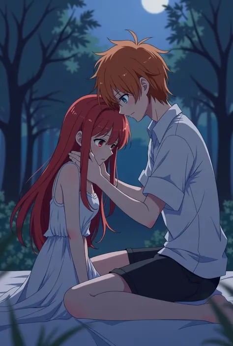 Sad girl young girl anime flat chest red hair long hair bangs red eyes sad anime blue hour white dress, romantically receiving a massage Young teen boy, shaggy ginger hair, blue eyes, grunge outfit, anime style, shojou style shonen style anime style, shone...