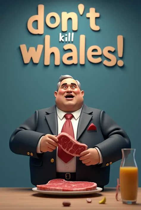 3D animation style, text at the top of the screen "Dont kill whales!", obese man in a suit eating a beef steak below the text, he loves meat and is an anti-whaling activist, comical, surrealist, ironic,