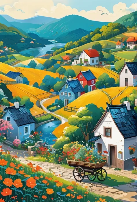 Vector illustration，countryside，autism、Pictorial balance、Hometown of the Heart