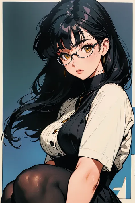 (best lighting), (best quality, masterpiece:1.2), (character sheet same character), illustration by hajime sorayama, perfect body, hyperfeminine curves, close up shot, portrait, woman, (((very long black hair))), yellow eyes, glasses, curvy, high fashion, ...