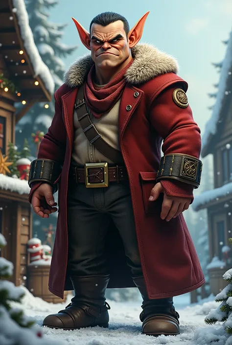 A tall male Christmas elf with a square head, big jaw line and short cropped black hair. His eyes are quite narrow and big nose.