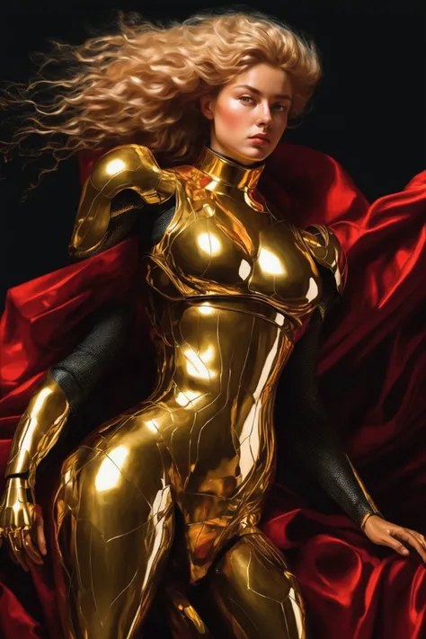 caravaggio painting; virginia au augustus; beautiful woman, gold hair; shining gold eyes; leader of big spaceship feet; gold futuristic nanosuit with red details; futuristic godess warrior; high-tech nanosuit; riding a horse
