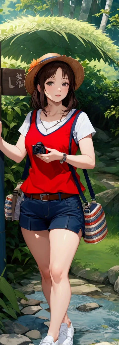 realistic anime illustration of young woman at national park, dslr camera, she has dark brown medium hair (+forehead, straw hat), wearired-white singlet, navy-blue pencil mini skort, ((masterpiece:1.2), (best quality:1.2), (very aesthetic:1.2), (absurdres:...