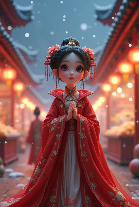 A traditional lively Asian market with white snow in the night sky,Scattered in an ancient Chinese style woman，She wears a gorgeous red cloak from head to toe, showing gorgeous costumes and complicated hair accessories.。She has big and bright eyes，Face del...