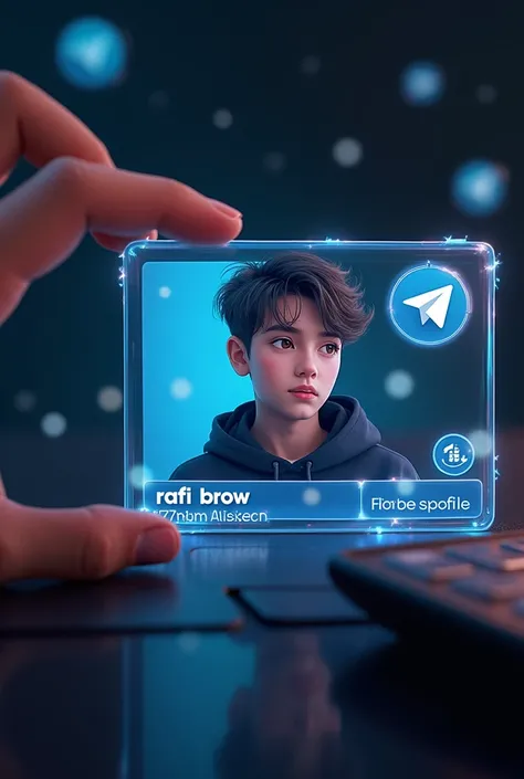 Create a FORSEGE.IO
 profile on glass id card on a black desk displaying TELIGRAM logo and realistic profile photo of a teenage boy in circle and "RAFI BROW  is written in bold fonts under the profile photo and 100k followers written, the Teligram card is ...