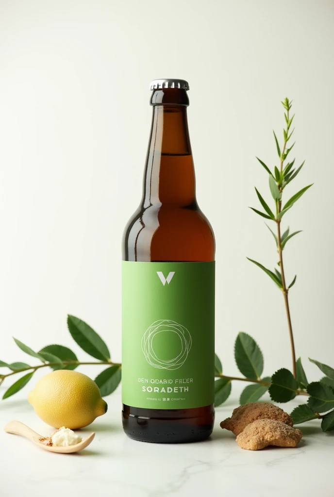 Product photography showing a bottled craft beer, with a creative but not very saturated composition, where I would like to have a white background and nice decoration, The bottle has a green label, but I don&#39;t want lemons, but it looks artisanal 