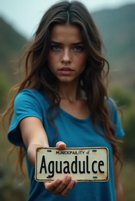 Beautiful girl with long hair and blue short sleeve shirt , holding a car license plate in his hand with the text Municipality of Aguadulce and showing it to the viewer